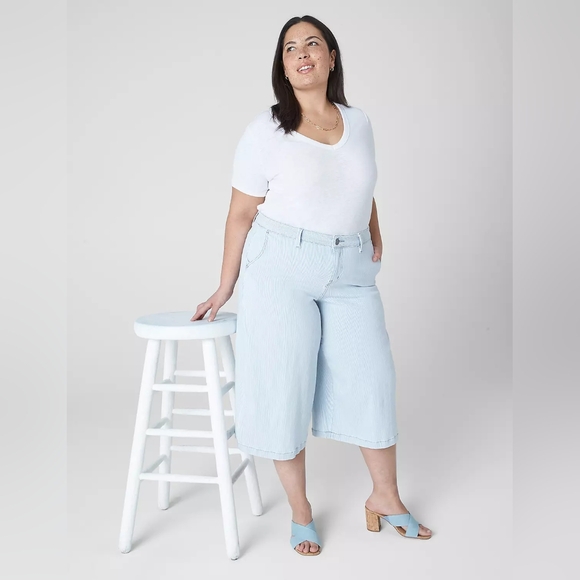 Lane Bryant Size 14 Wide Leg Crop Pinstripe Jean Culotte Capri High Rise 18" L - Picture 5 of 15